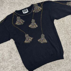 Vintage Ory New‎ York Beaded Tassel Crew Sweater Women Size Large Black